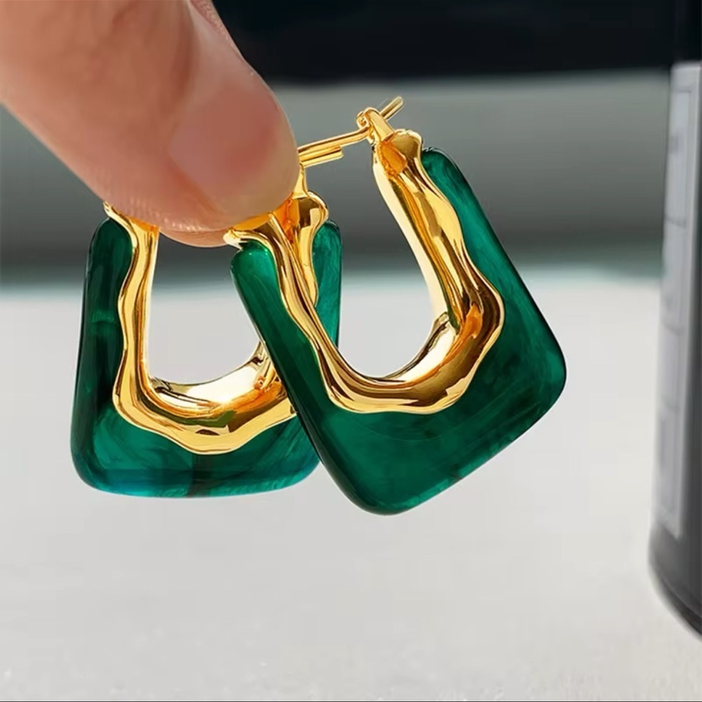 Anthropologie Casa Clara Andy Earrings Jade green stone gold hoop - Picture 2 of 8